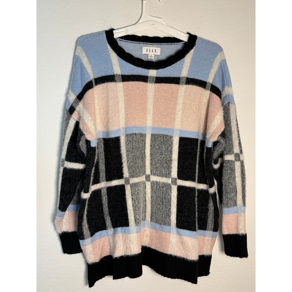 Elle Womens XL Plaid Fuzzy Knit Sweater Blue Pink Black Metallic Crewneck